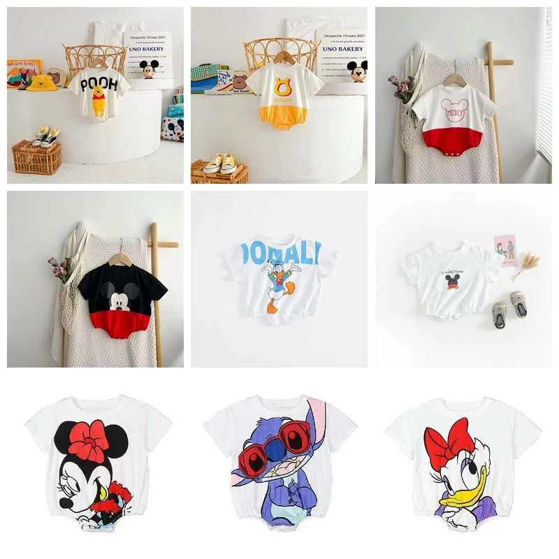 Summer Newborn Baby Boys Rompers Cartoon Minnie Mickey Mouse Pooh Donald Print Girls Jumpsuit Infant Cotton Short Sleeve Clothes