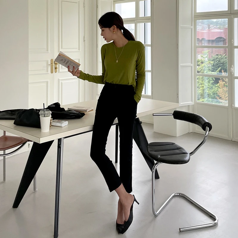 黒のハイウエスト9点セット レディースシガレットパンツ 伸縮性ストレートレッグ カジュアルスリット入りパンツ 韓国風通勤パンツ