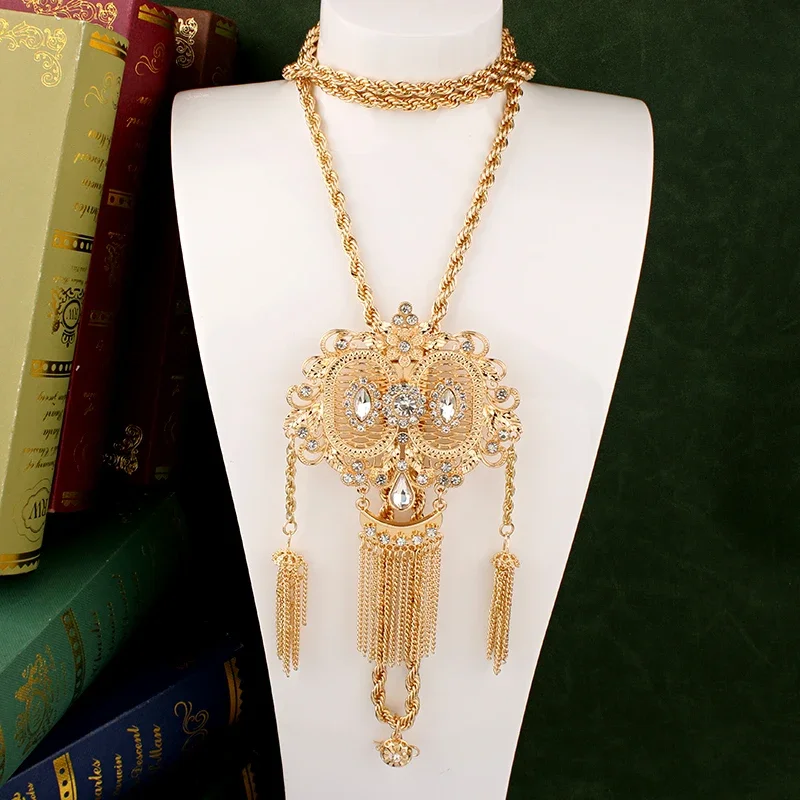 Luxury Algeria Wedding Necklace with Rhinestone Long Chain Slid Pendants Gold Color Tassels Jewelry Chain for Bridal