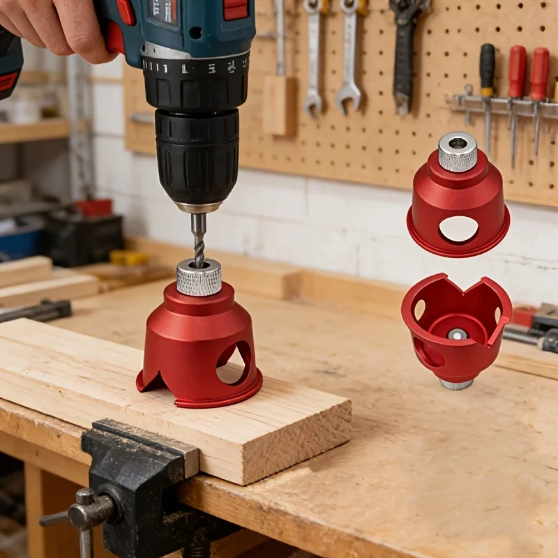 Red Aluminum Vertical Drilling Guide, Aluminum Pocket Hole Jig with 3 Drill Sockets (6/8/10mm), Straight Hole Drilling Punch