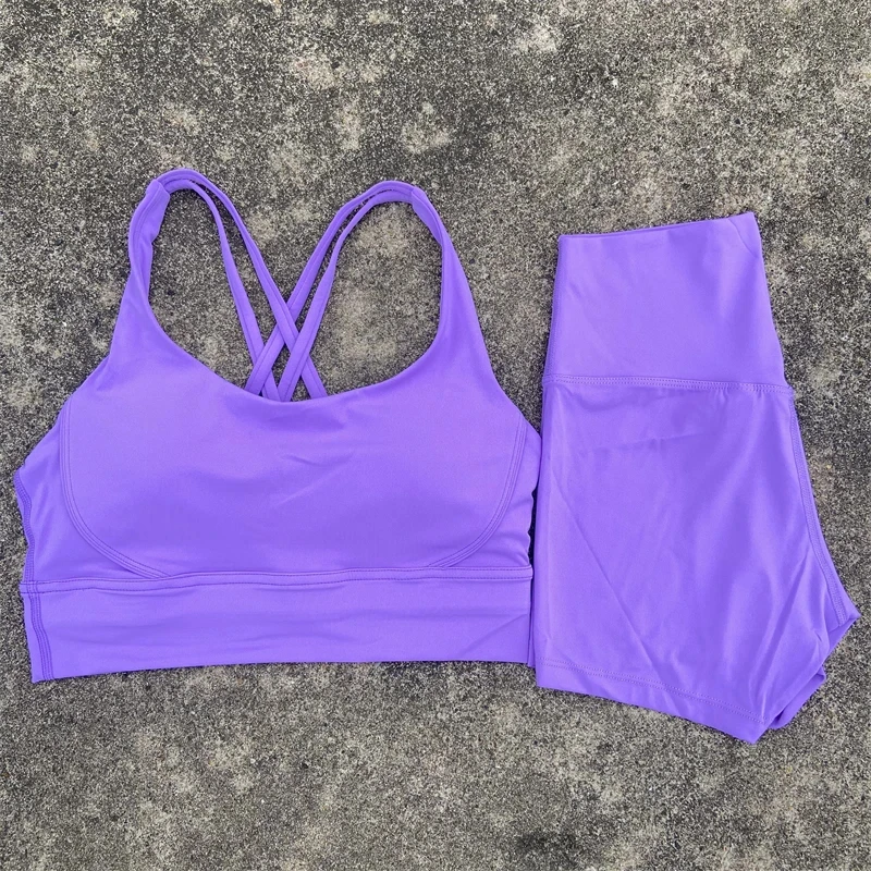 Yoga Clothes Set 2 Piece Gym Sports Shorts Set Women Cross Back Bra Top High Waist Shorts Fitness Suit Running Workout Tracksuit image 3