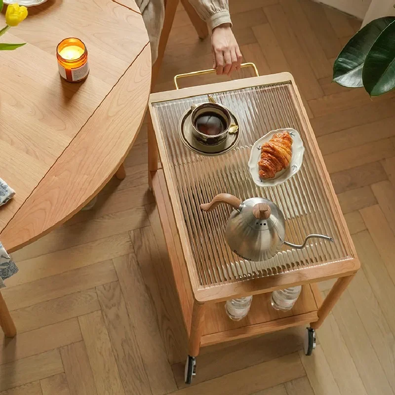 wood trolley, solid wood mobile small coffee table, wheeled log teapot table, corner table on the side of the tea table sofa