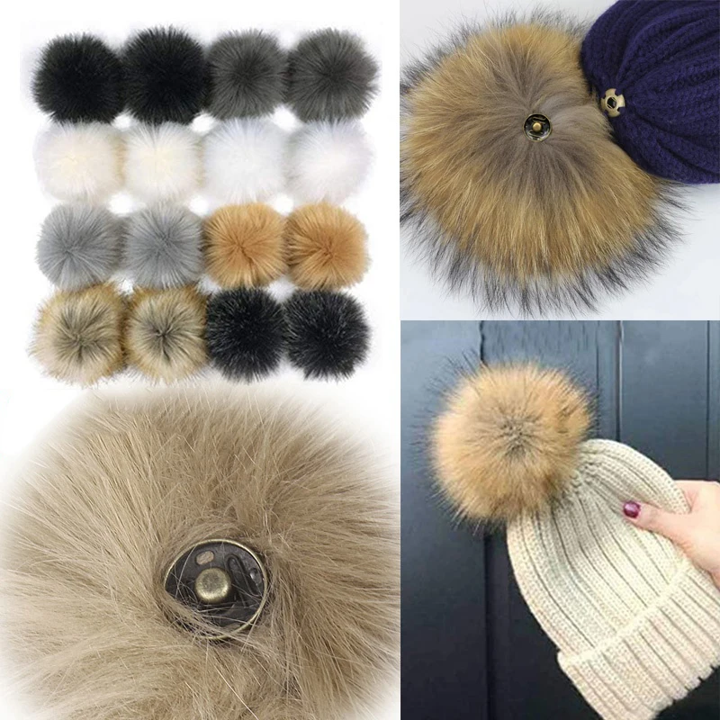 2Pcs Large Plush Ball with Press Button Fluffy Faux Fur Pompoms Hairball for Baby Girl Beanie Hat DIY Craft Sewing Supplies