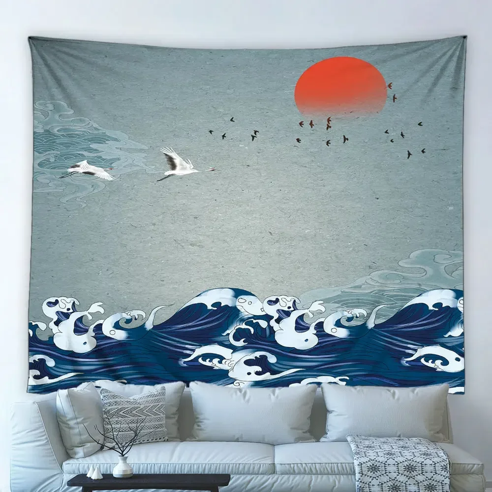 Chinese Japanese Big Tapestry Waves Landscape Flower Landscape Painting Wall Hanging Background Beach Towel Yoga Mat Home Decor