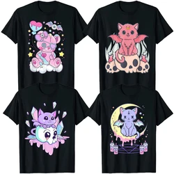 Kawaii Pastel Goth Cute Creepy Black Cat T-Shirt Japanese Vaporwave Aesthetic Bear Skull Kitty Demon Cats Anime Art Tee Y2K Tops