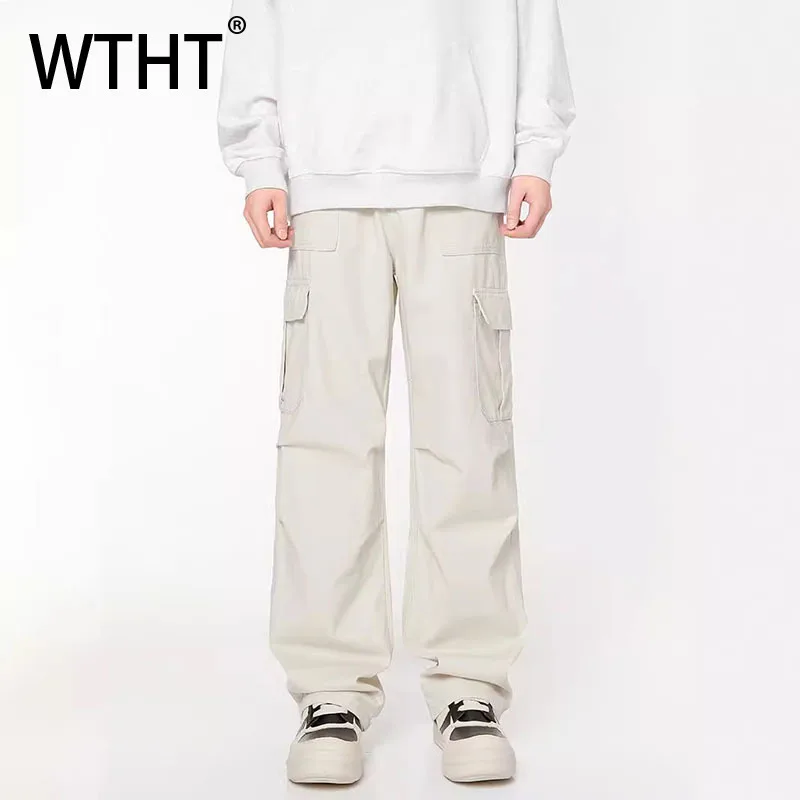 

WTHT Fashion Men's Solid Color Spliced Pockets Cargo Pants Trendy 2025 Autumn High-waisted Wide Leg Trousers Male 2A1826