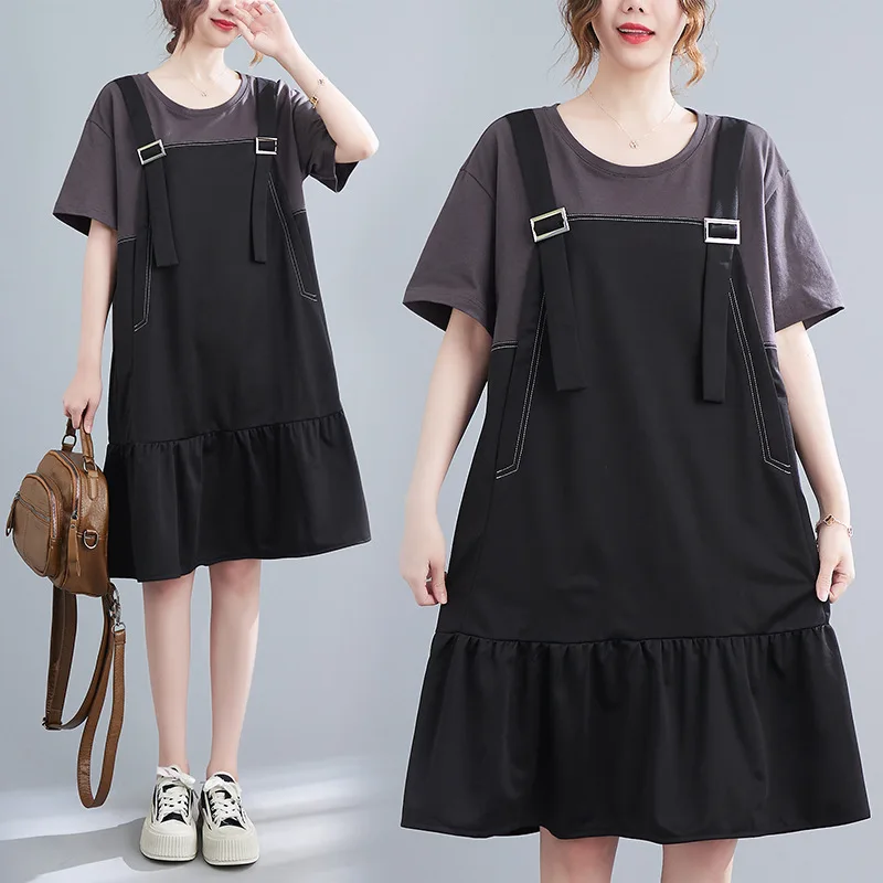 

160Kg Bust 160 Large Size Women's Summer New Loose Short Sleeve Fake Two Piece Strap Dress Black 6XL 7XL 8XL 9XL 10XL