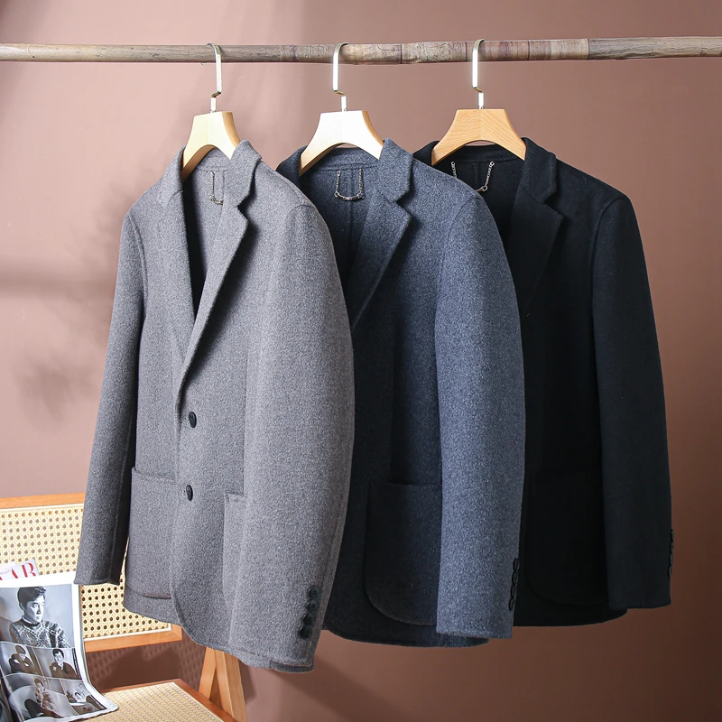 

Двусторонний шерстяной мужской повседневный пиджак для осени и зимы, модный тренд, приталенный крой, длинный рукав, молодежный стиль