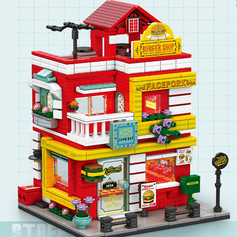Architekturbausteine Hamburger Shop City Series Mädchen Geschenk Haus Modell Montage Puzzle Modell Jungen Geschenk Kinder Spielzeug