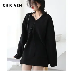 CHIC VEN Korean Women's Cardigan V-neck Loose Solid Black Woman Knitted Sweaters Long Sleeve Female Tops Spring Autumn 2022