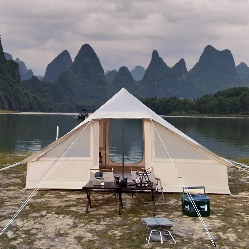 Tent Double Door Oxford Cloth, Windproof Rainproof Sunscreen Flame Retardant,Family Camping Site Shelter Outdoor Glamping Travel
