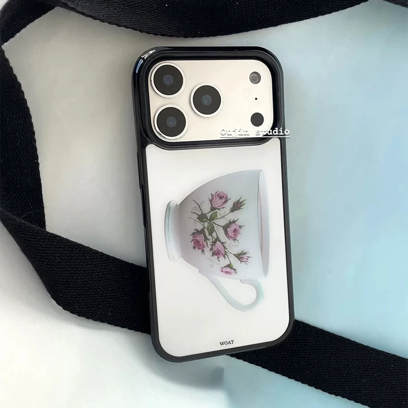 Korean Ins Flower Pattern Teacup Phone Case For iPhone Duo 18 Pro Max 17 16 15 14 13 12 11 Shockproof Silicone Back Cover