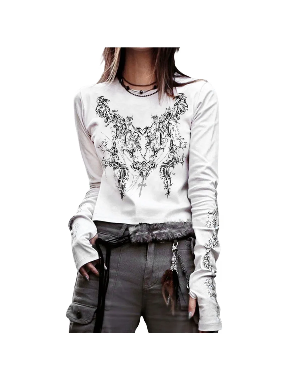 

Весна 2025 года, новый нишевый дизайн, готическая футболка темной серии с длинными рукавами, тонкий крой и эффект похудения