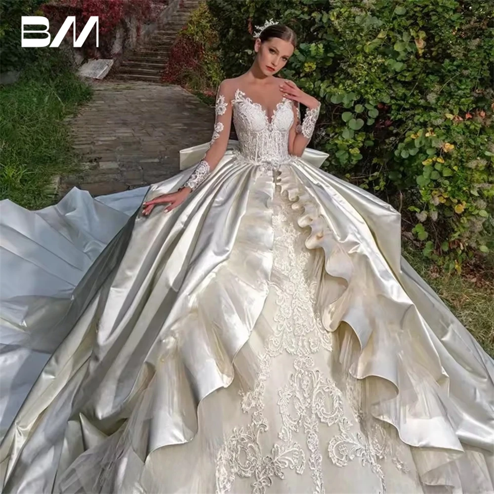 BRLMALL Vintage Ball Gown ชุดแต่งงาน 2025, ที่กําหนดเองซาตินลูกไม้ยาวชุดเจ้าสาว, plus ขนาดชุดเจ้าสาวเปลือย