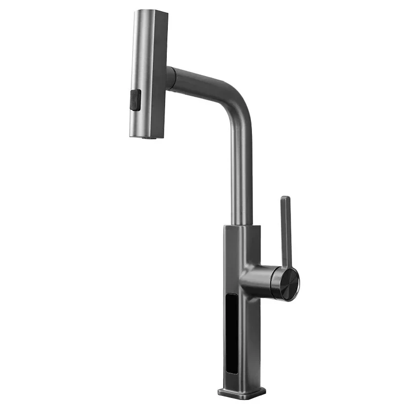 Kitchen faucet hot and cold digital display pull-out rotatable multi-functional sink faucet，hydroelectric power LED faucet