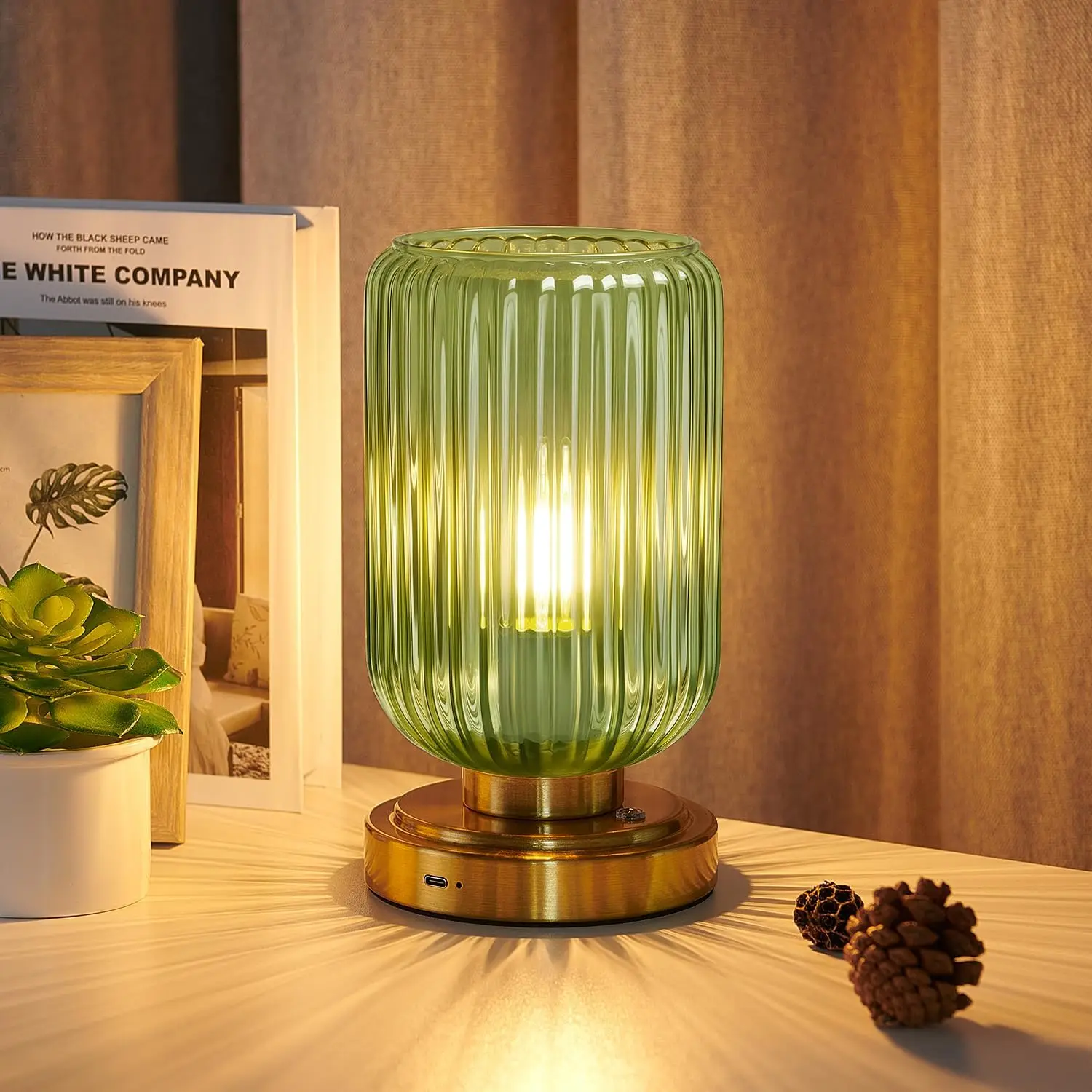 

Rechargeable Touch Dimmable Table Lamp, 7500mAh Battery, Gold Base Green Glass Shade for Bedroom Living Room Desk