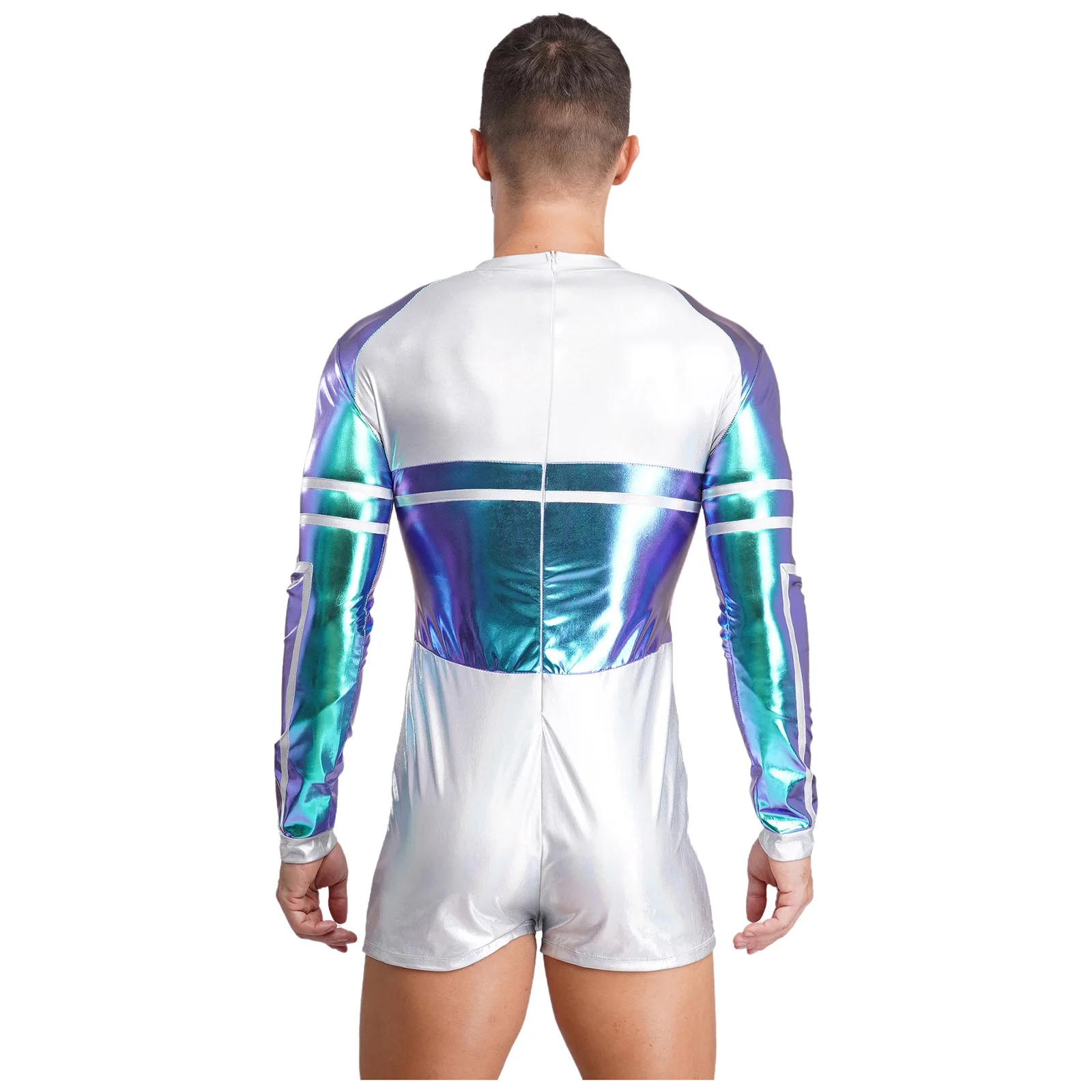 Mens Halloween Carnival Alien Astronaut Cosplay Costume Contrast Color Metallic Shiny Long Sleeve Back Zip Jumpsuit Bodysuit