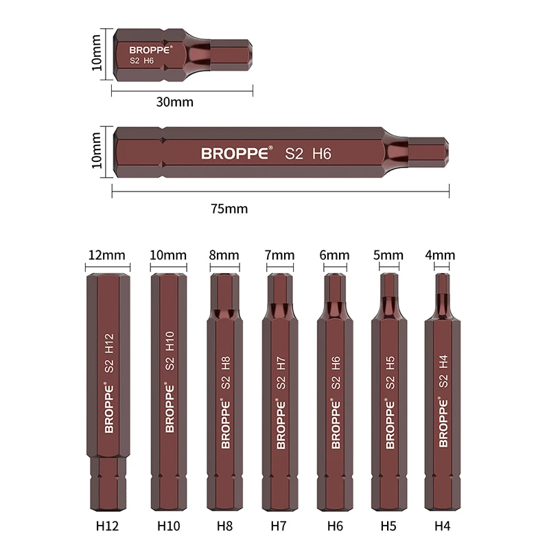 30/75MM H4/5/6/7/8/10/12 Hexagon Socket Screwdriver Bits Hex Shank Strong Magnetism Batch Head S2 High Hardness Bits Set Tools