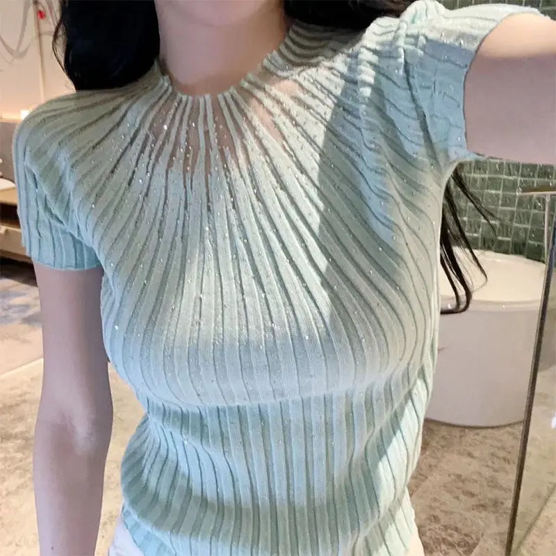 2025 Summer New Hotfix Rhinestone Ice Silk Thin Knitted Top for Women Sweet Spicy Slim-Fit Regular Shoulder Short-Sleeve T-Shir