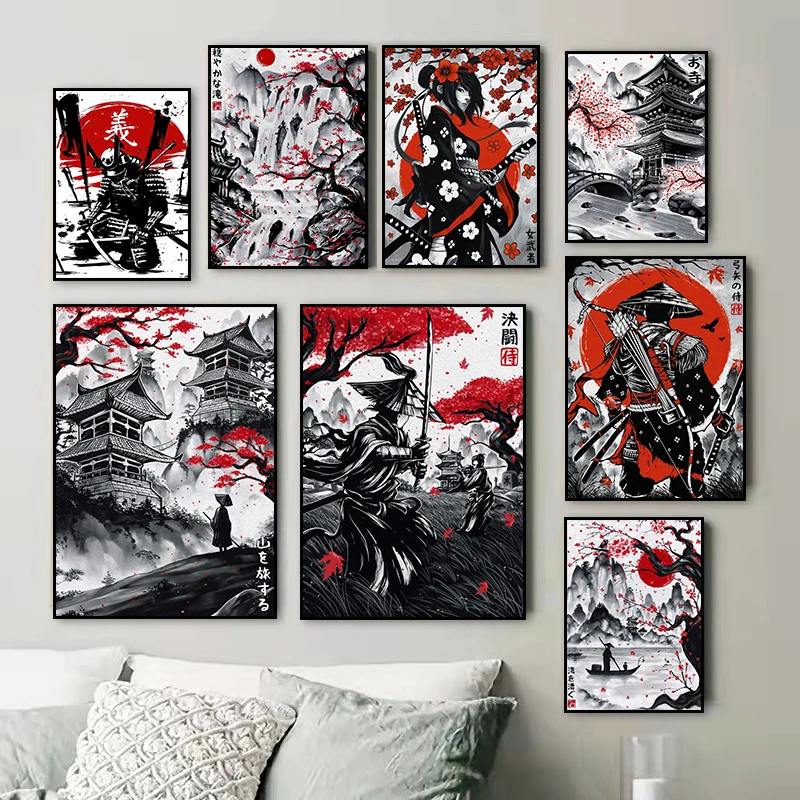 Japanese Ink Painting Duel Samurai Canvas Paintings Scenery Posters and Prints Wall Art Pictures for Living Room Home Decorat