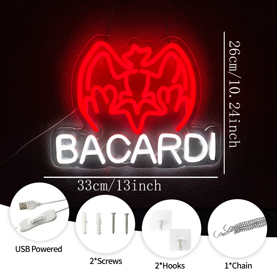 لافتة باكاردي رم النيون، تستخدم لديكور جدار البار، تعمل بمنفذ USB مع مفتاح، والنوادي، والتجمعات العائلية، وغرف النوم، وديكور الكهوف للرجال.