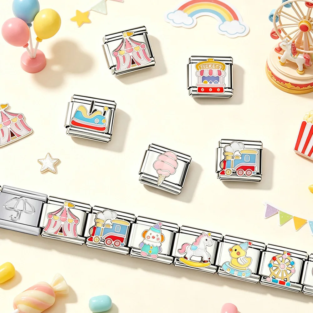 9mm Italian Charm Links Amusement Park Stainless Steel Charms Train Clown Ferris Wheel Unicorn DIY Bracelet Cute Cartoon Jewelry