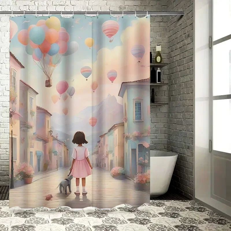 

Girl and Balloons Shower Curtain Dreamy Kids' Bathroom Decor