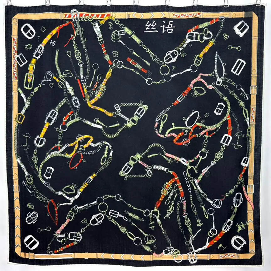 シルクウール65cmスカーフショール両面冬用ダイナミックホースプリント多機能シルクスカーフ（中国女性向け）