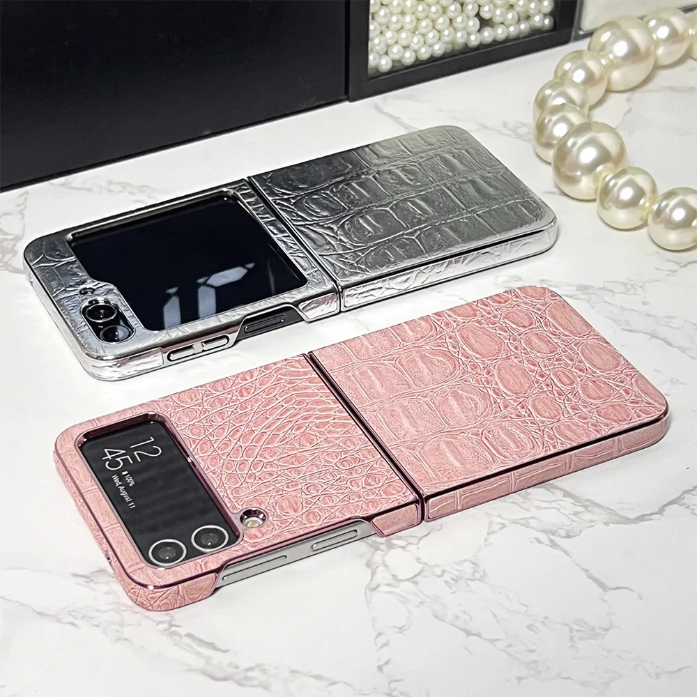 For Samsung Galaxy Z Flip 6 5 4 Luxury Crocodile Skin Leather Case Electroplate Skin Feel Shockproof Cover For Galaxy Flip 5 6