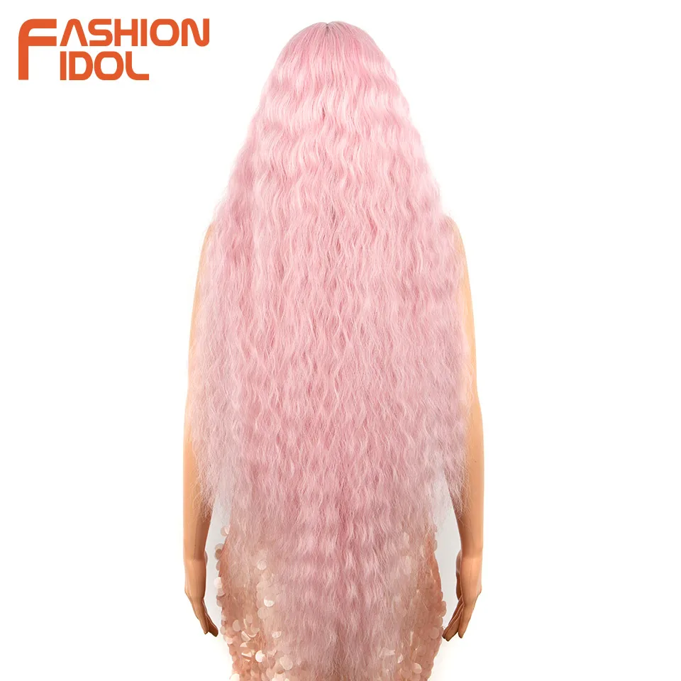 FASHION IDOL 42 Inches Lace Wig Hair Synthetic Wigs For Black Women Ombre Blonde Pink Water Wavy Long Curly Hair Wigs Cosplay