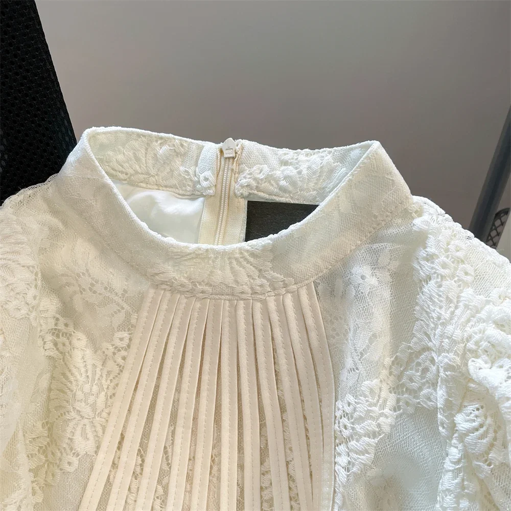 French Style Temperament Stand Collar Lace Embroidered Short Sleeve Shirt 2024 Summer Vintage Chic Puff Sleeve Top Blouse Women