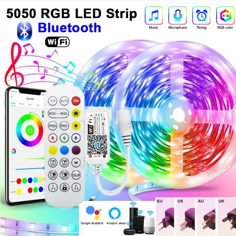 WiFi 5M-30M RGB 5050 Bluetooth LED Strip Lights SMD2835 Tape Diode Tira Fita Luses LED Ribbon Neon Night Light For Room TV Decor