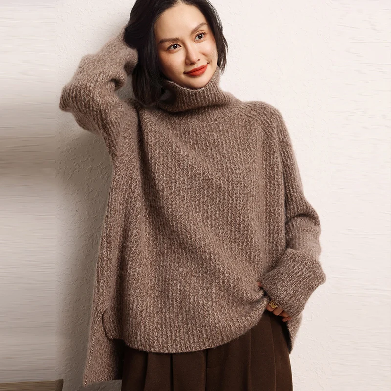 2024 Autumn/Winter Loose Thick Women Large Size Sweaters 100% Goat Cashmere Knitted Leisure High Collar Pullovers Warm Soft Tops