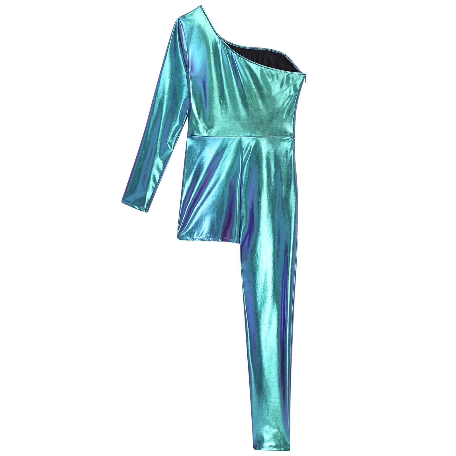 Women One-piece Jumpsuits Glossy Leather Leotard Metallic Asymmetric One Shoulder Long Sleeve Bodycon Bodysuit for Pole Dance