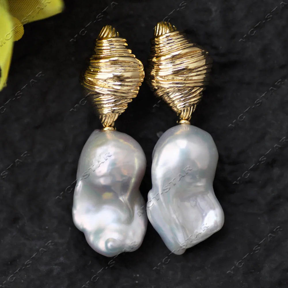 Z14073 25mm Golden Honey-pot White Baroque Reborn Keshi Pearl Dangle Earring