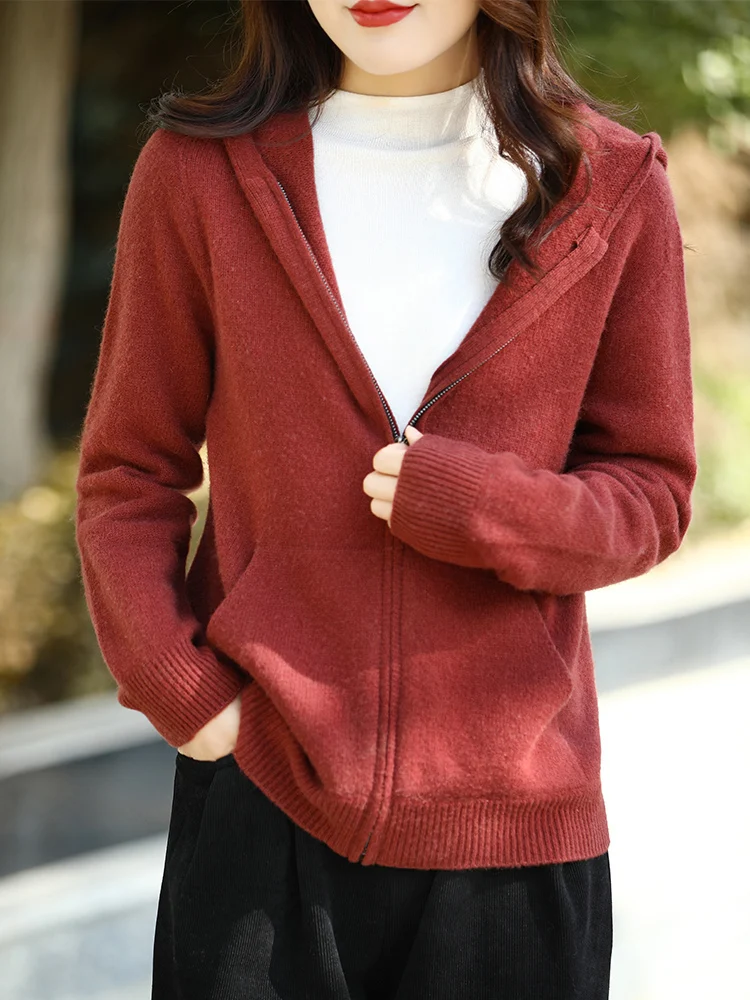 

Basic Woman 100% Merino Wool Sweater Solid Autumn Winter Female Knitwear Hooded Cardigan Long Sleeve Clothes Tops Lady Outerwear