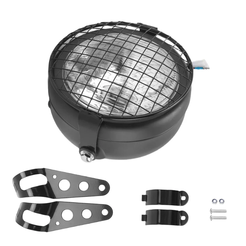 

A48P-Retro Vintage Motorcycle Universal Side Mount 35W 6.5 Inch Transparent Headlight Cafe Racer With Grille + Bracket Kit