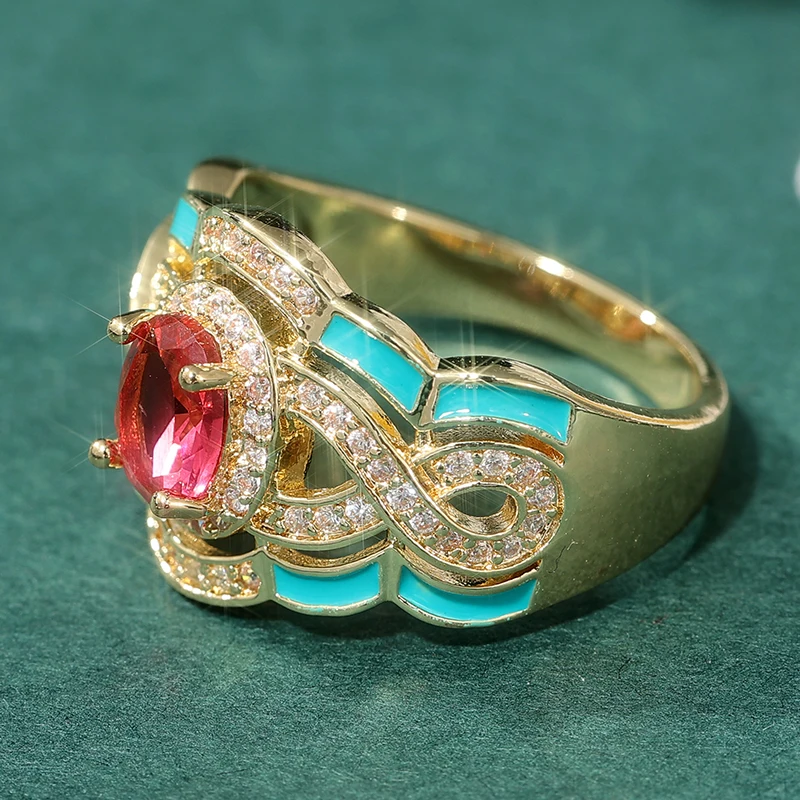Ethnischer Goldfarben-Ring mit Eingelegten Weißen und Roten CZ-Steinen und Emaille für Damen, Geometrisches Design für Alltag und Partys – Detail 4