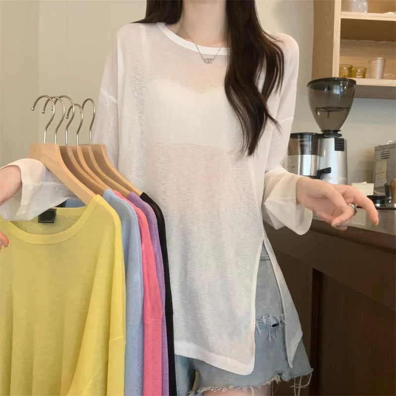 

Женская Прозрачная Футболка с длинным рукавом и круглым вырезом, свободного покроя