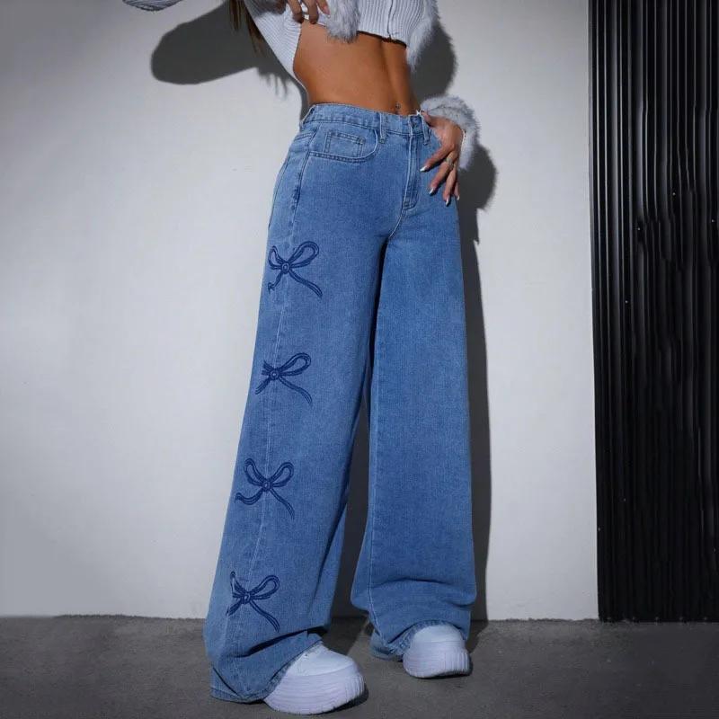 ANJY otoño nuevas mujeres American Tide Jeans lavados Bowknot impreso bolsillos rectos High Street Y2K elegante pantalones vaqueros A9114