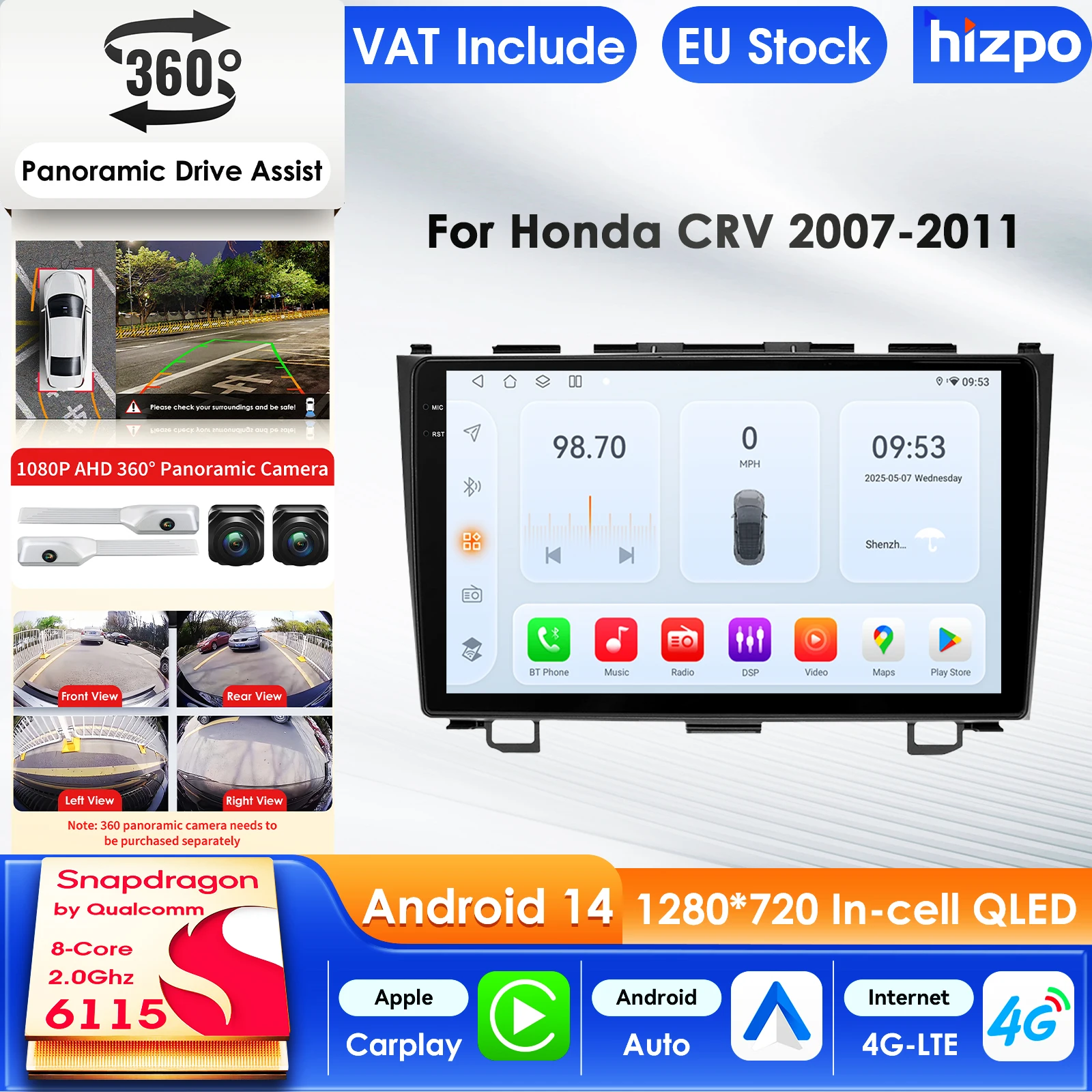 Hizpo 2Din Autoradio für Honda CRV 2007-2011 Audio-Multimedia-Player Android Auto Carplay GPS WIFI 4G FM BT Autoradio 360°-Kamera 9 Zoll Intelligenter Bildschirm QLED-Display Automotive Head Unit