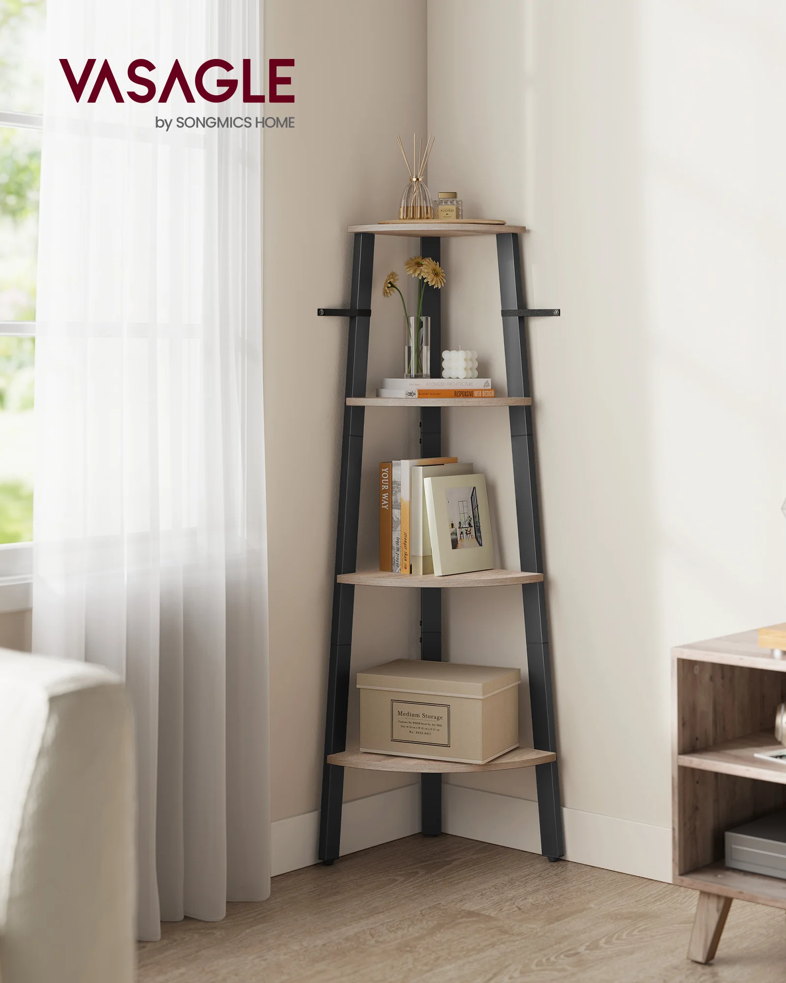 

Угловая полка VASAGLE, 4-ярусная угловая книжная полка, промышленная полка-лестница, подставка для растений для гостиной, офиса, кухни