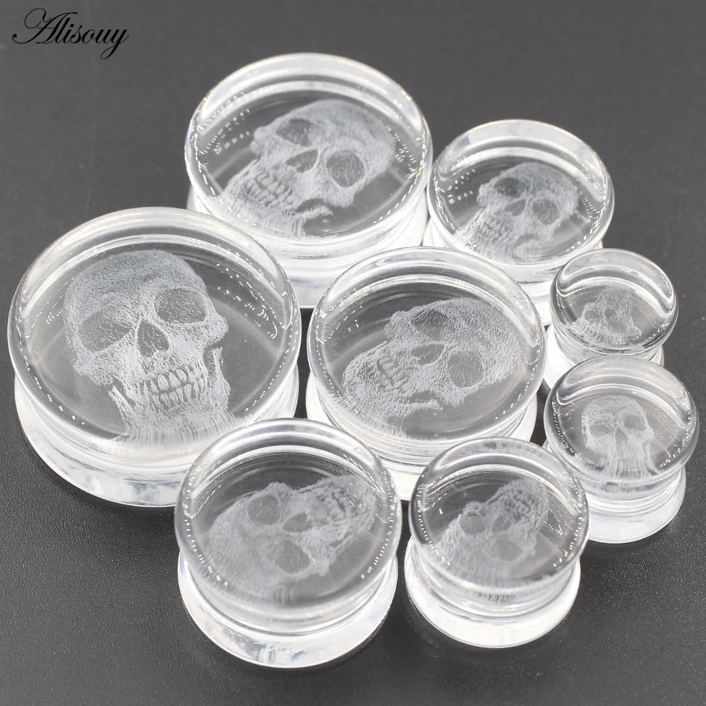 Alisouy 2PCS New Transparent Glass Skull Flared Ear Tunnels Plugs Flesh Stretcher Expander Gauges Earrings Piercing Body Jewelry