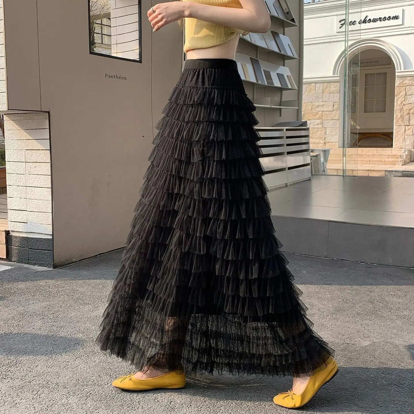 Polka Dot Mesh Pleated Cake Skirt High Waist Elastic Women's Spring Autumn Long A-Line Umbrella Skirt Casual Style Polyester ...