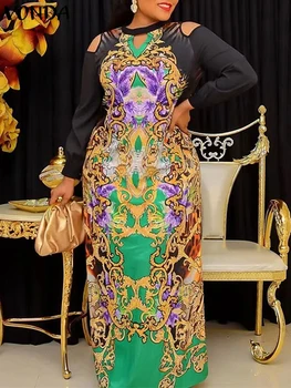 Artı Boyutu VONDA Kadın Bohemian Maxi Elbise 2024 Vintage Baskılı Parti Sundress Seksi Kapalı Omuz vestidos Maxi Uzun Elbiseler Moda