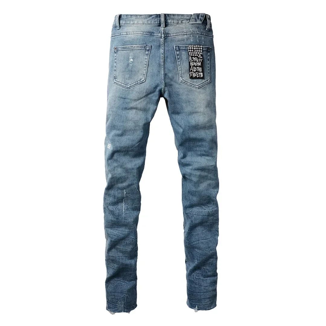 Новые поступления KSUBI Cross Jeans Мужские потертые светлые индиго Американские уличные модные эластичные узкие рваные потертые джинсы с отверстиями