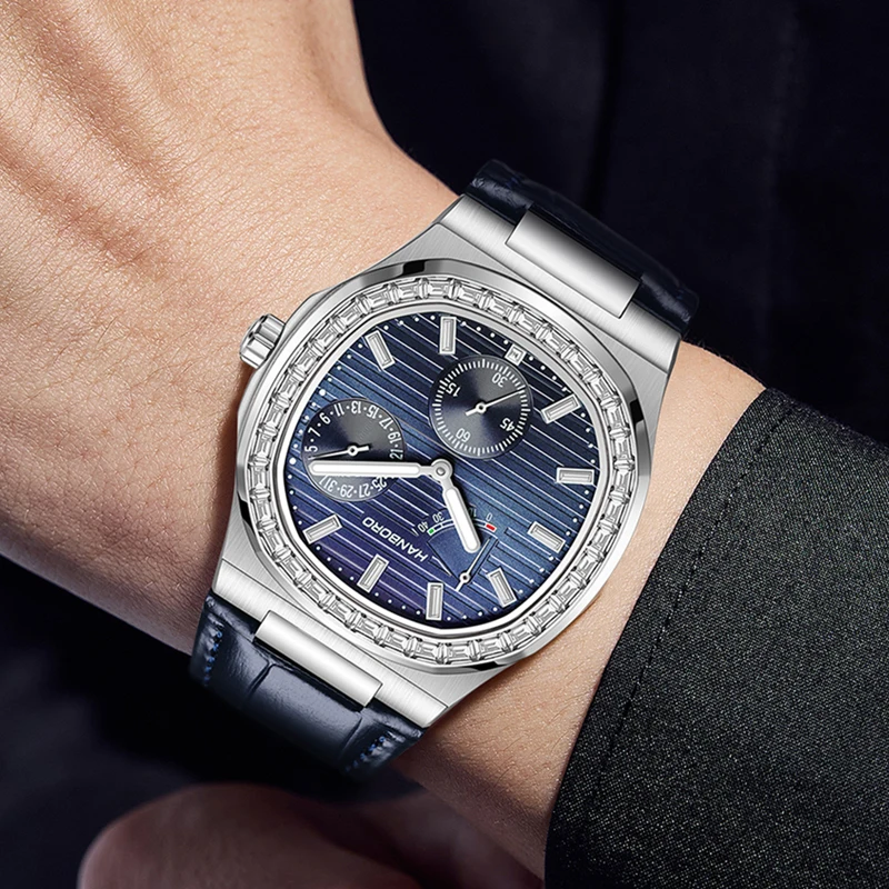 HANBORO メンズ自動巻き時計 38 ミリメートルスクエア機械式腕時計 5Bar 発光サファイアパワーリザーブ & 日付ダイヤル Tianjin1780