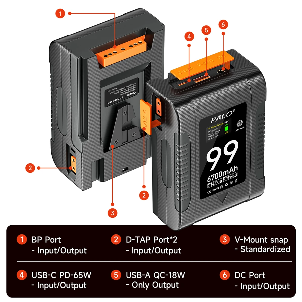 PALO 100% Original 99Wh 199Wh V-Mount/V-Lock Battery for Cameras Camcorders Large LED Lights Monitors MacBook and Smartphone