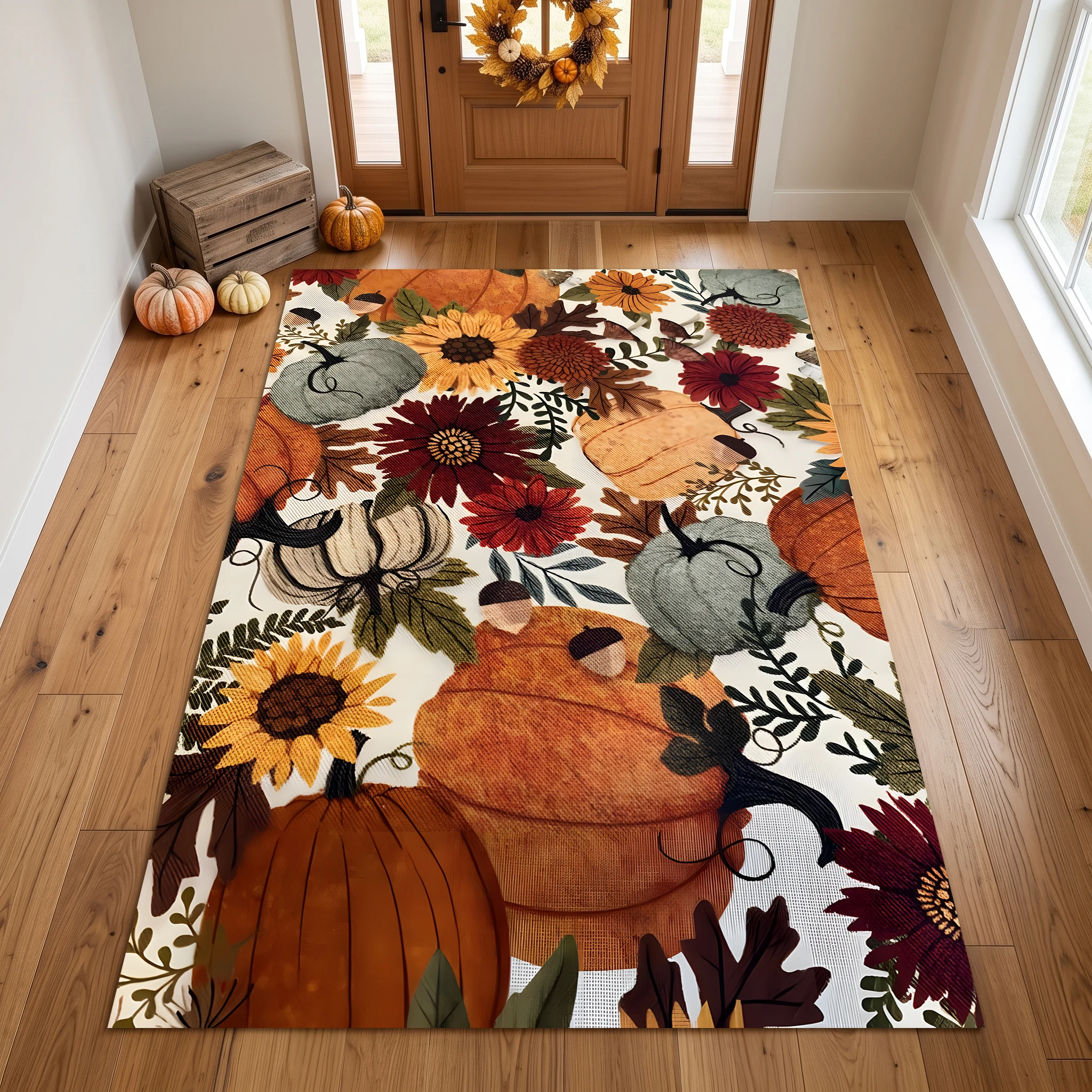 Pumpkin and Sunflower Clusters Create a Retro, Pastoral Atmosphere in the Entryway, Living Room, and Bedroom A Velvet Rug Adds a Warm and Cozy Autumn Harvest Feel.