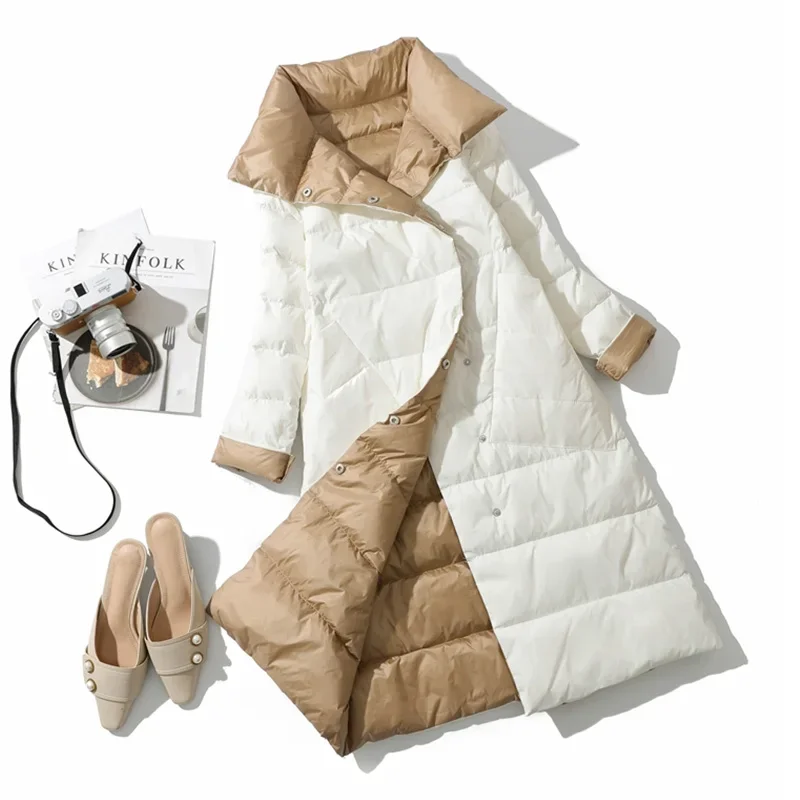 冬スタンドカラーホワイトダックダウンロングジャケットダブルブレスト暖かい雪パーカー両面ダウンコートオーブコート JJ556